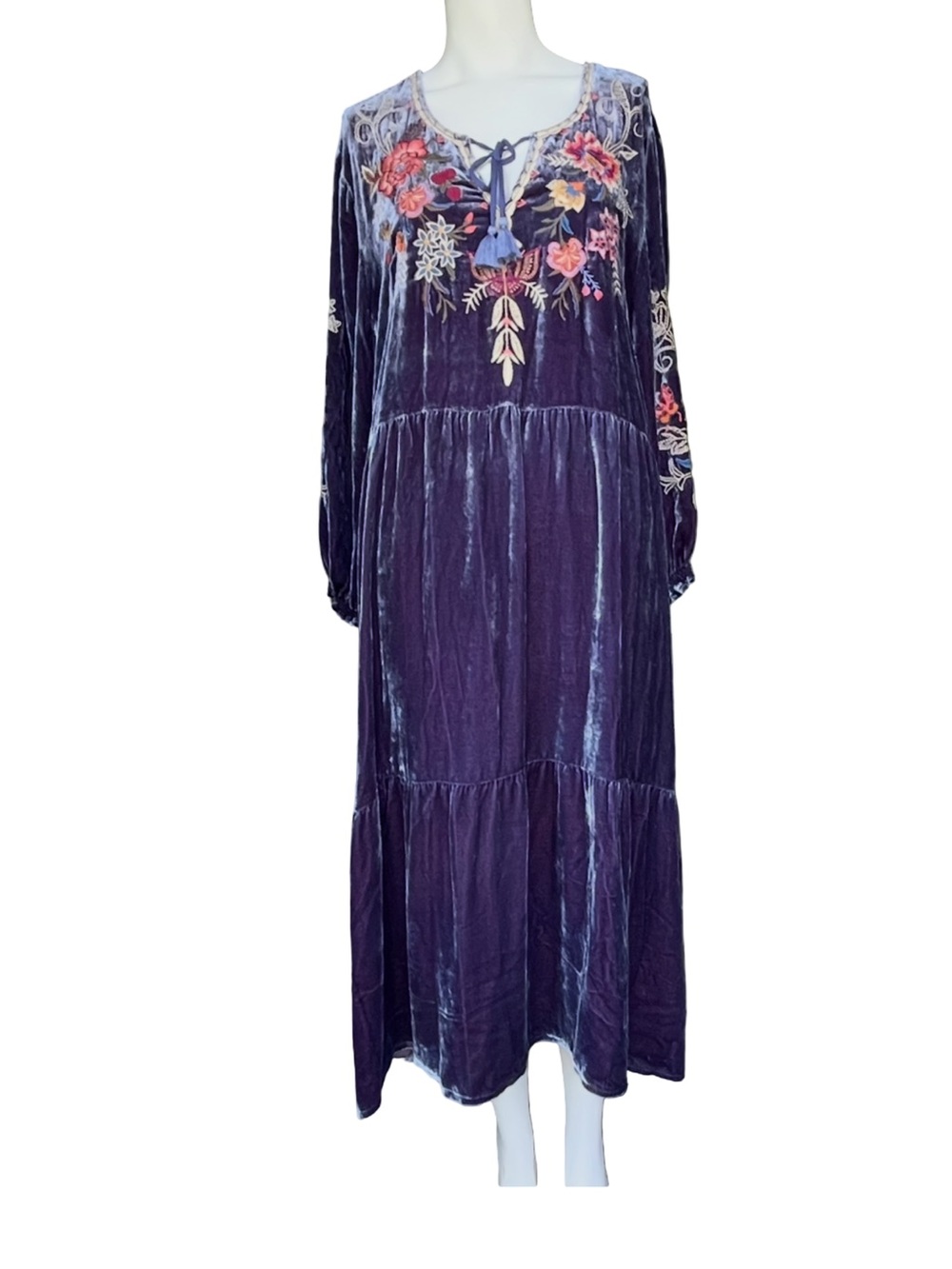 Johnny Was Ivey Velvet Field Floral Embroidered Tiered Boho Luxe Dress XL